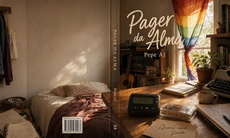 Mockup conceitual do livro Pager da Alma em quarto com janela, pager e objetos de memória