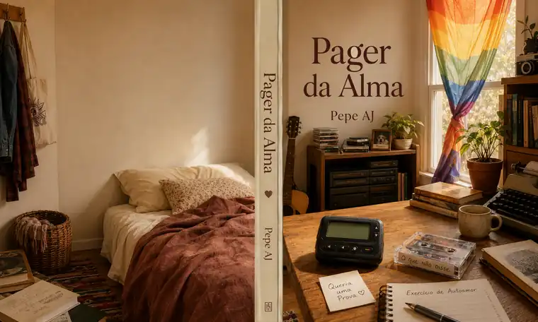 Arte do quarto com janela, pager e objetos analógicos nos anos 1990