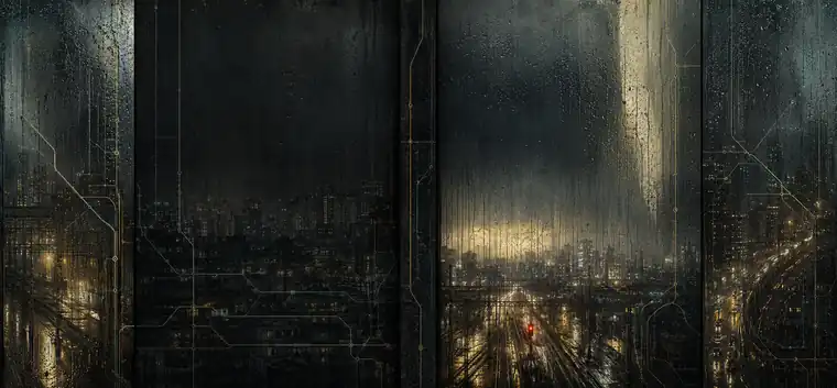 Arte de sinais luminosos e chuva na janela, evocando a memória tecnológica